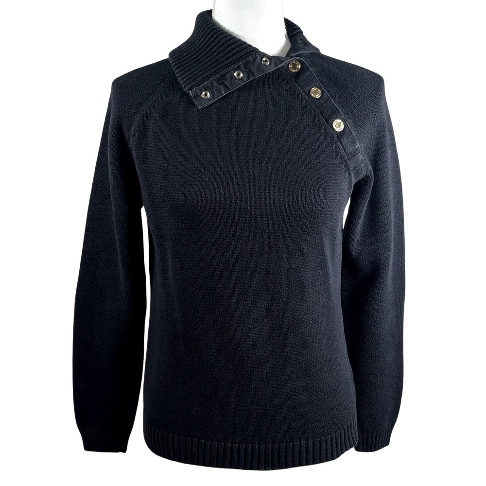 Ralph Lauren Black Knit Sweater 100% Cotton Snap Asymmetrical Collar womens M